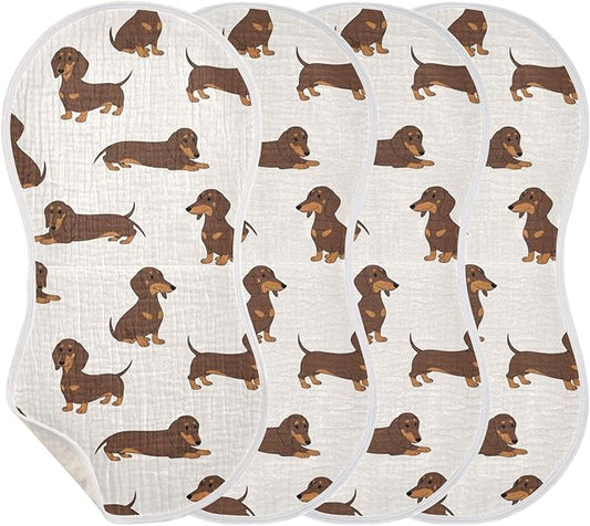 Qinllo 4 Pack Muslin Burp Cloths Dachshund Dogs Cute Cotton Baby Burp Cloths Ultra Absorbent Burping Cloth Soft Spit Up Rags for Newborn Babies 22x11 Inch