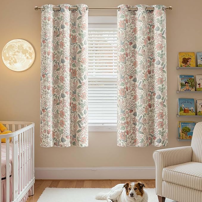 jinchan Nursery Curtains 95% Blackout Pink 72 Inch Long Floral Curtains for Girls Room, Farmhouse Drapes for Living Room Bedroom Darkening Window Treatment Grommet Top Set of 2 Panels