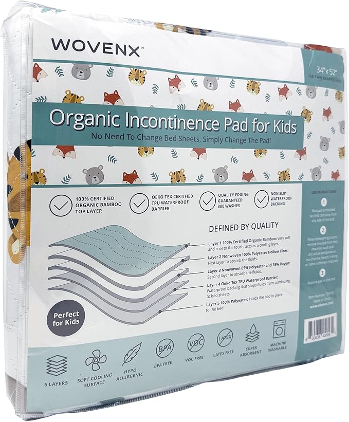 WOVENX Organic Incontinence Pads for Kids & Toddlers - 5 Layer Waterproof Protectors for Overnight Bed Wetting - Reusable & Washable Pee Pads - Fits Twin to Full Size Beds - 34" x 52" Tiger Bear Fox