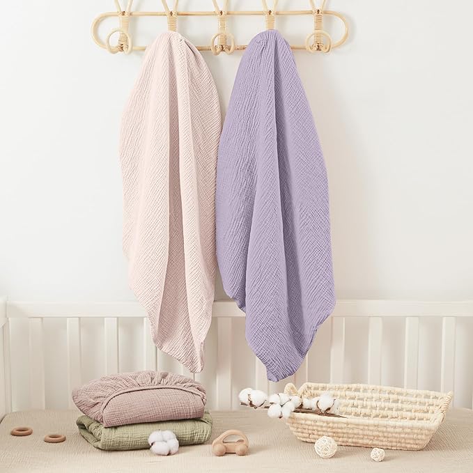 Bearmoss Muslin Crib Sheets - 100% Cotton Baby Crib Sheets Fitted for Standard Crib Mattress & Toddler Bed Mattress 52"x28" Soft Breathable Crib Sheet Neutral for Boys Girls - 2 Pack (Pink Purple)