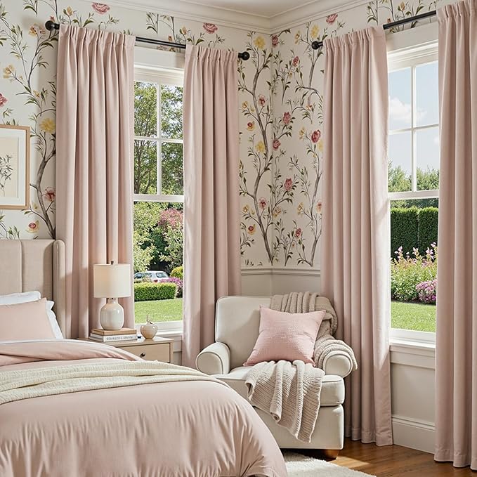 jinchan Chenille Blackout Curtains 84 Inches Long 2 Panels Light Pink Thermal Insulated Curtains for Bedroom Living Room Triple Weave Noise Reducing Nursery Drapes Back Tab Girls Room Curtains 50x84