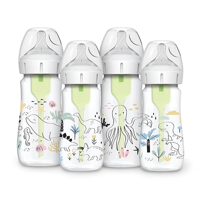 Dr. Brown’s Natural Flow® Anti-Colic Options+™ Wide-Neck Baby Bottle Designer Edition Bottles, Dinosaur and Ocean Design, 9 oz/270 mL, Level 1 Nipple, 4-Pack, 0m+