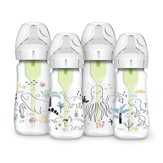 Dr. Brown’s Natural Flow® Anti-Colic Options+™ Wide-Neck Baby Bottle Designer Edition Bottles, Dinosaur and Ocean Design, 9 oz/270 mL, Level 1 Nipple, 4-Pack, 0m+