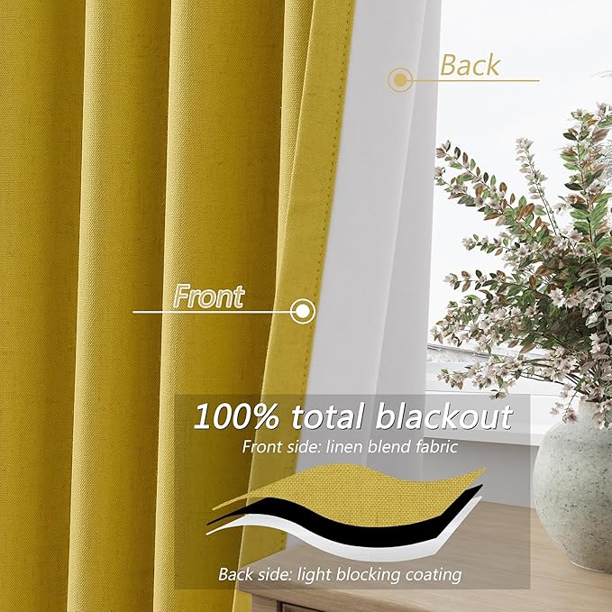 Guken 100% Blackout Curtains 102 Inch Length 2 Panels Set for Living Room Bedroom Back Tab Thermal Insulated Black Out Linen Drapes Room Darkening Celery Yellow,52x102