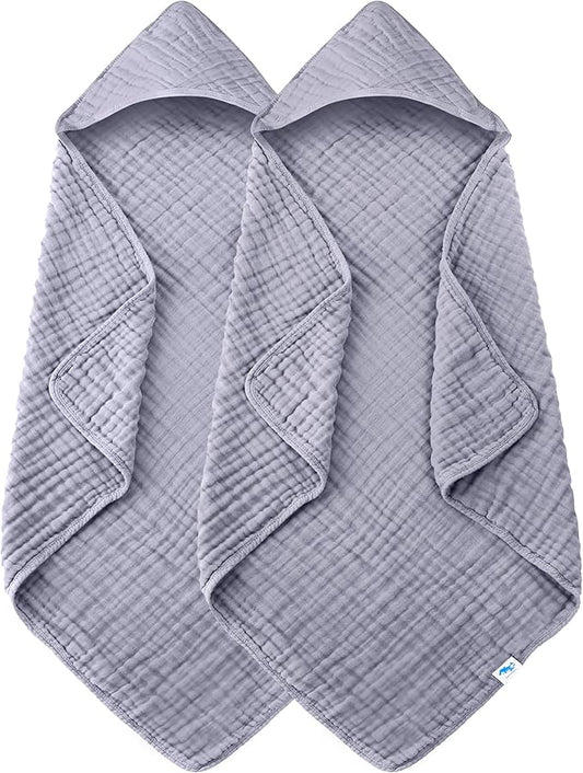 SWEET DOLPHIN Muslin Hooded Baby Bath Towels - 2 Pack 100% Cotton Towel for Babies, Infants, Toddlers - 32x32Inch - Highly Absorbent and Newborn Essential, Grey