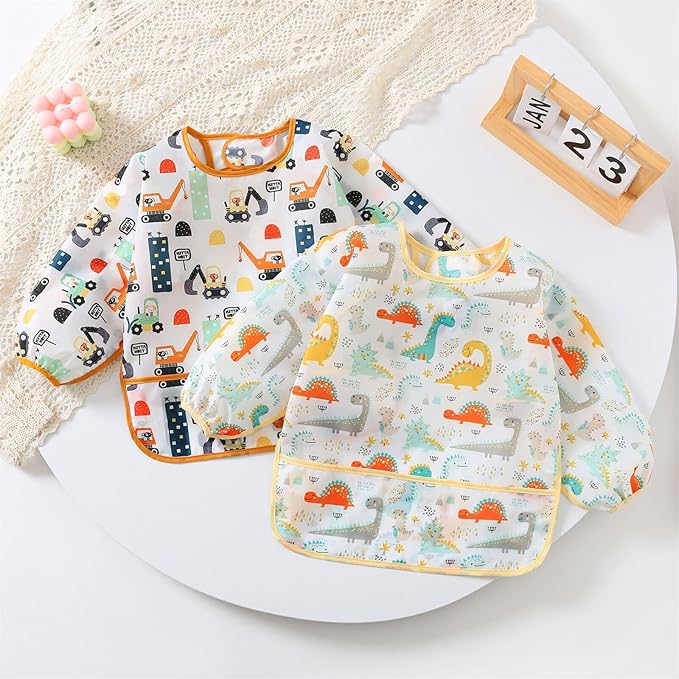 HaimoBurg 3 Pcs Waterproof Long Sleeves Baby Bibs Weaning Smock Bib 3-24 Months