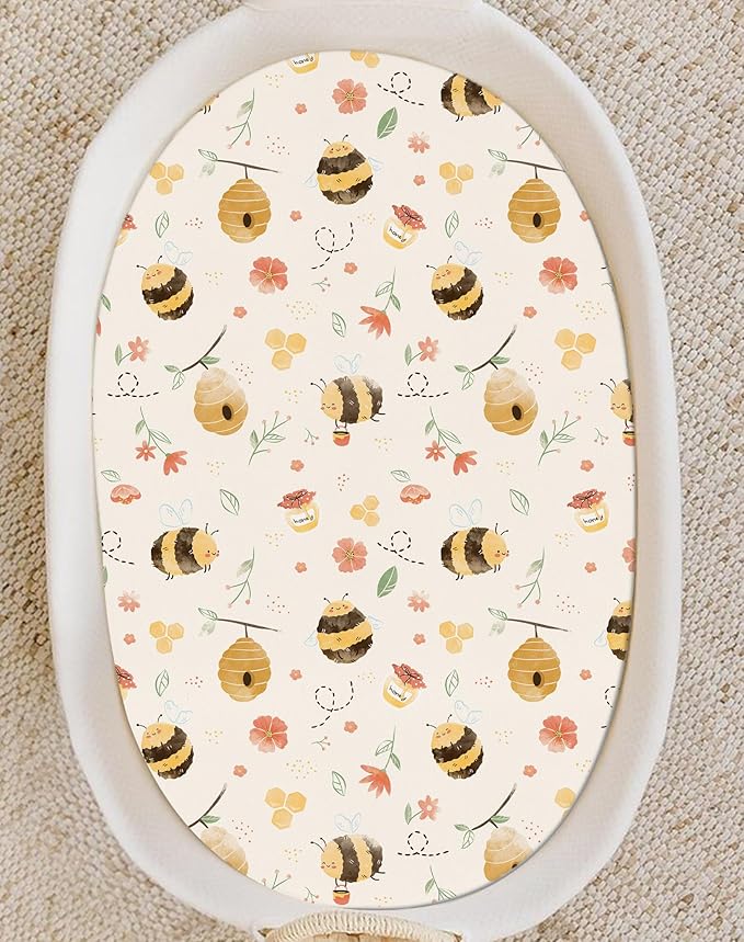 Bassinet Sheets for Baby Girls Boys 2 Pack, Fitted Baby Mattress Sheet for Rectangle, Oval, Hourglass Bassinet Mattress, Breathable Cozy & Universal Fit (Bee Happy)