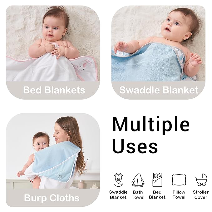 Viviland Baby Towels and Baby Wash Cloths Set Hooded Baby Towels Baby Wipes Absorbent Bath Face Towels Burp Cloths or Face Towels for Girl Boy 6-Pack Size 28 x 28 Inch(Elephant)
