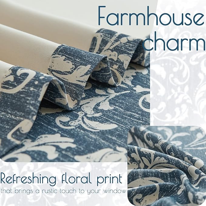 jinchan 72 inch Curtains for Bedroom, 80% Blackout Farmhouse Drapes with Scroll Floral Patterned for Living Room, Grommet Top Thermal Insulated Curtains, Vintage Country Drapes 2 Panels, Blue