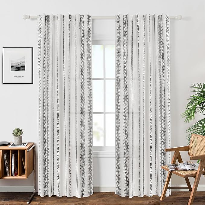 MEETSKY Boho Curtains 84 Inches Long for Living Room Bohemian Geometric Printed Linen Style Curtains Light Filtering Rod Pocket Window Back Tab Cotton Drape for Dining Room 2 Panels