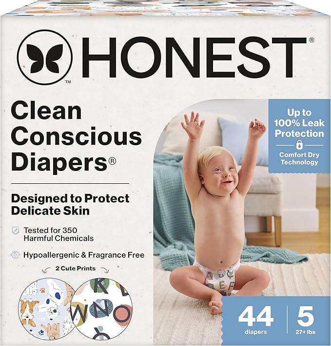 The Honest Company Comfort Dry Disposable Diapers for Sensitive Skin, Hypoallergenic, Fragrance-Free, All The Letters + It's a Pawty, Club Box, Size 5 (27 lbs), 44 Count