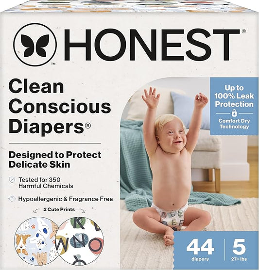 The Honest Company Comfort Dry Disposable Diapers for Sensitive Skin, Hypoallergenic, Fragrance-Free, All The Letters + It's a Pawty, Club Box, Size 5 (27 lbs), 44 Count