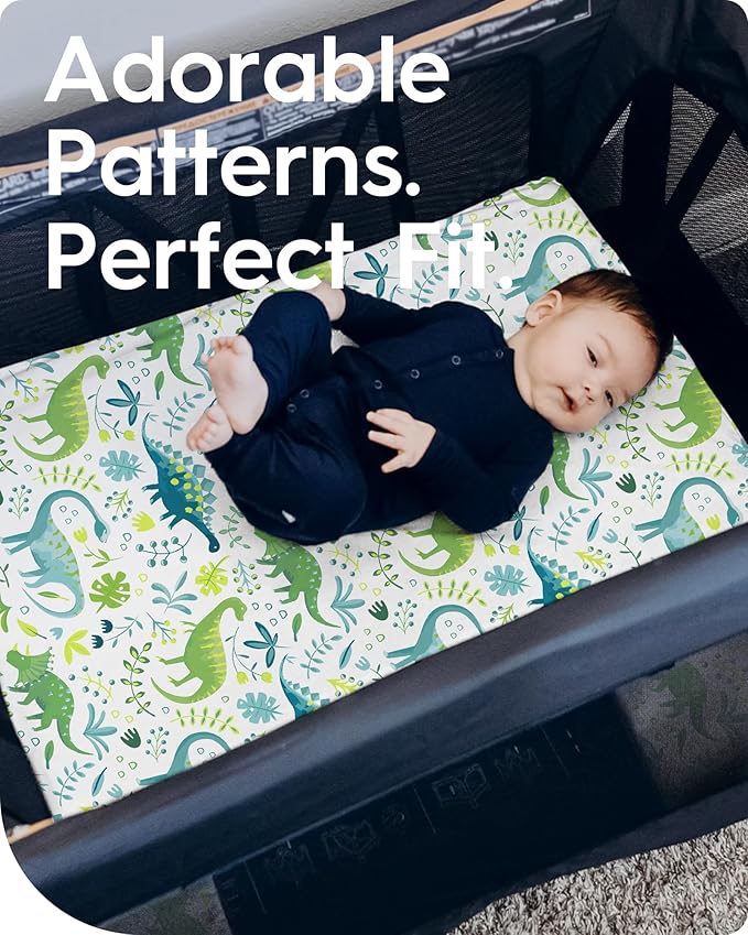 TotBasic Dinosaur Pack N Play Sheets Fitted, Ultra Soft Mini Crib Sheets for Boy, Premium Jersey Knit Pack and Play Sheets, Stretchy Neutral Play Yard Sheets for Pack and Play Mattress, 2 Pack