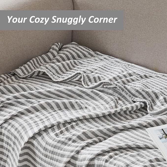 EMME Cotton Muslin Queen Blanket Bed Layering Bedspread Coverlet Breathable Gauze Soft Lightweight Adults (Striped Grey, 90"x90")