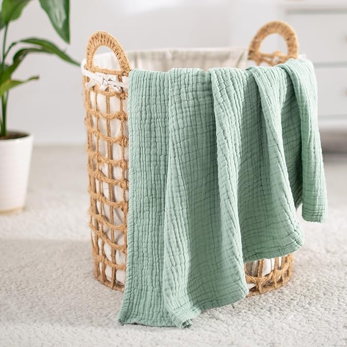 Carriediosa 100% Cotton Muslin Throw Blanket 70" X 80" Twin Size，4-Layers Summer Gauze Throws for Bed Couch，Soft Lightweight Breathable Linen Blankets Bedspread for Adults All Season，Sage Green