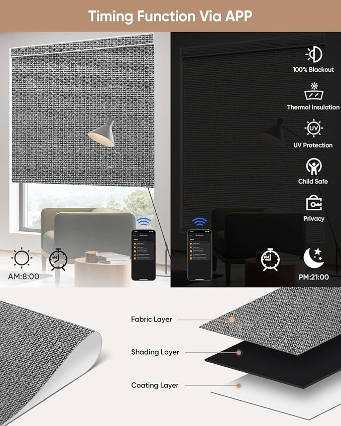 Kincmo Motorized Blinds with Remote,100% Blackout Motorized Roller Shades Work with Apple Homekit,Alexa,Google, Custom Electric Blinds with App,Voice Control (Groove Dark Grey)