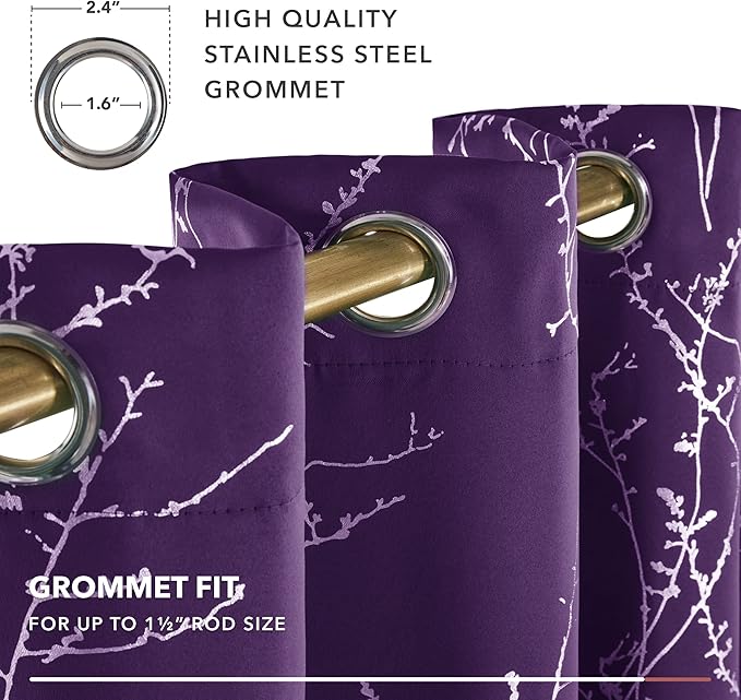 Deconovo Blackout Curtain, Purple Curtains, Thermal Insulated Soundproof Grommet Drapes, Silver Tree Foil Print, 42 x 84 Inch, 2 Panels, Machine Washable Window Panel for Living Room Bedroom Office