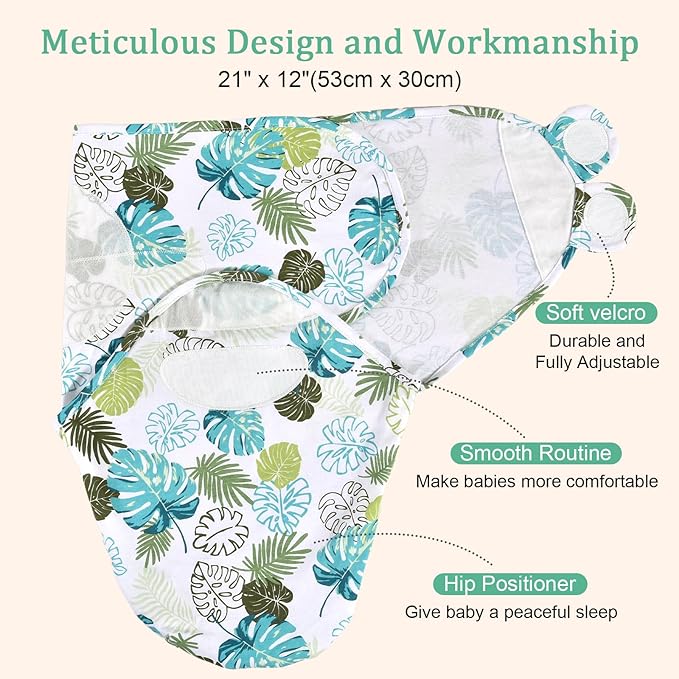 david's kids 100% Cotton 3 Pack Baby Swaddle Wrap for 0-3 Months, Soft Breathable Swaddle Blanket for Newborn Infant, Adjustable Baby Wrap Sleep Sacks for Boys Girls, Newborn Essentials, Leaf