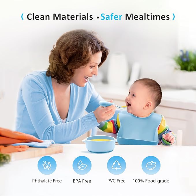 Bufims Silicone Baby Feeding Set, Baby Led Weaning Supplies, Eating Essentials Utensils with Suction Plate and Bowl, Pocket Bib, Sippy Cup with Lid, Forks Spoons Snack Container, for 6+ Months, Blue
