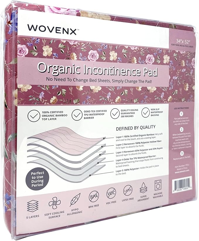 wovenx Organic Incontinence Pad for Period - Waterproof Protectors - Reusable Washable Pee Pad - Fits Twin to Full Size Beds - 100% Organic Viscose Derived from Bamboo - 34" x 52" Dark Flower
