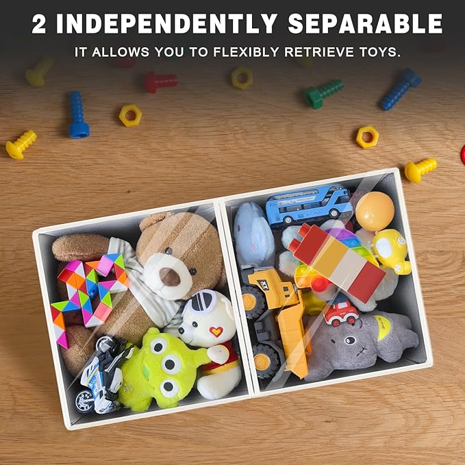 1 Pack Large Toy Storage Box with Clear Lids Collapsible Toy Organizer Chest with Adjustable Dividers Kids Storage Bin Basket for Boys Girls Living Room Nursery Playroom Closet Beige and Grey