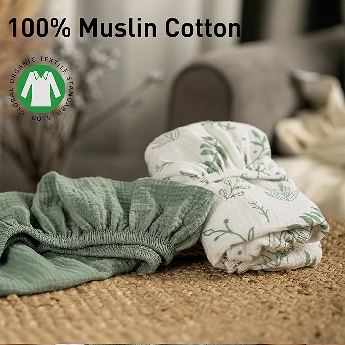 Muslin Bassinet Fitted Sheets, 2 Pack for Baby Boy and Girl, Soft Breathable Stretchy Baby Pad/Mattress Sheet Set, Universal Fit for Hourglass Oval and Rectangle Bassinet Mattress (Bright Leaves)