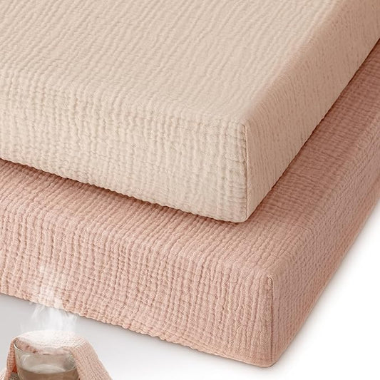 Muslin Pack and Play Sheets Fitted, 100% Cotton Mini Crib Sheets 2 Pack for Pack N Play Mattress, Stretchy Playard Sheet, Soft and Breathable Gradient Pink