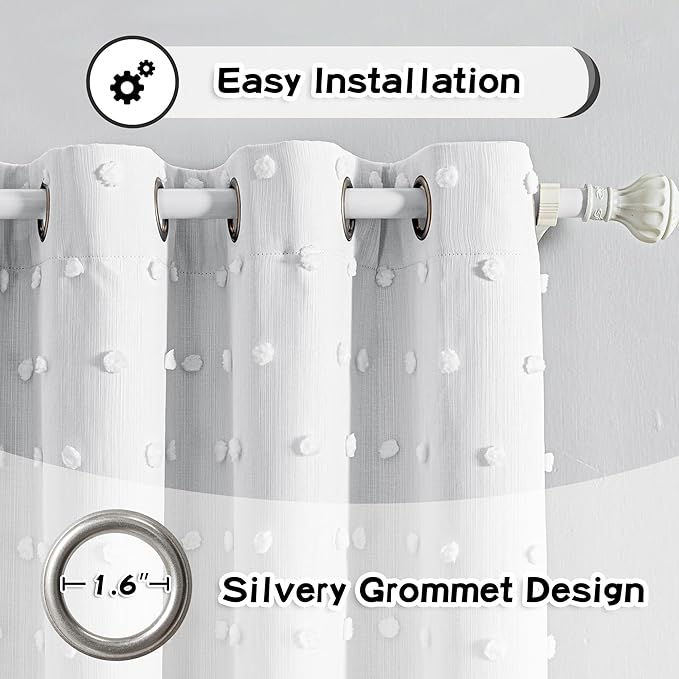 MYSKY HOME 100% White Blackout Curtains for Girls Bedroom 90 Inch Long Total Light Blocking Curtains for Living Room 2 Panels Room Darkening Grommet Window Drapes with White Pom Pom Sheer 52W x 90L