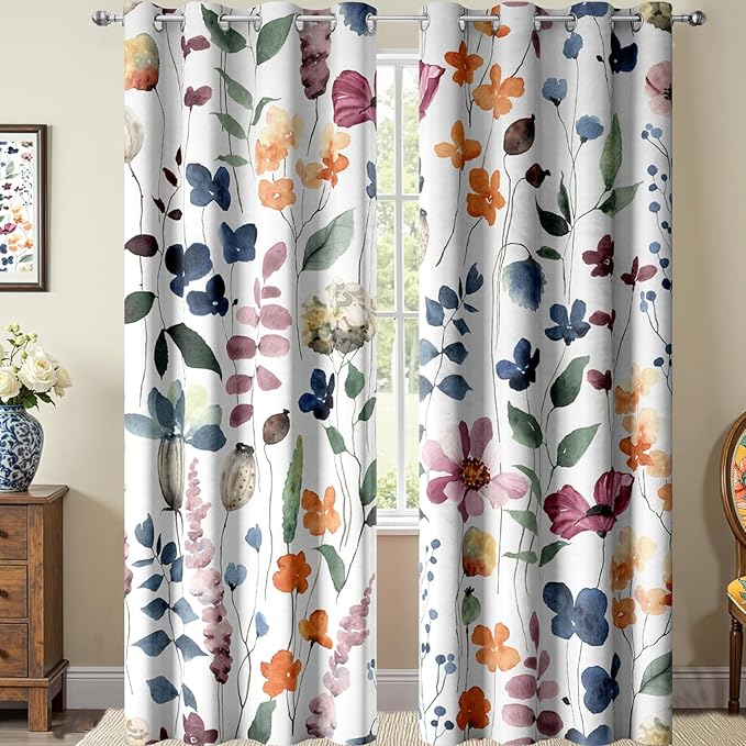 Boho Vintage Floral Blackout Curtains, Retro Watercolour Colorful Plant Leaf Flower Design Window Drapes, Living Room Bedroom Decor 2 Panels 52x84 Inch