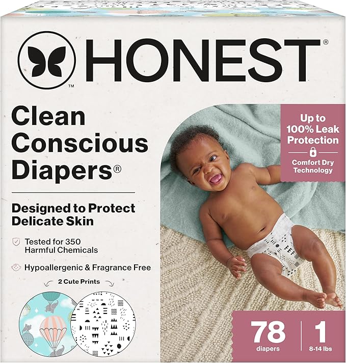 The Honest Company Comfort Dry Disposable Diapers for Sensitive Skin, Hypoallergenic, Fragrance-Free, Above It All + Pattern Play, Club Box Size 1 (8-14 lbs), 78 Count