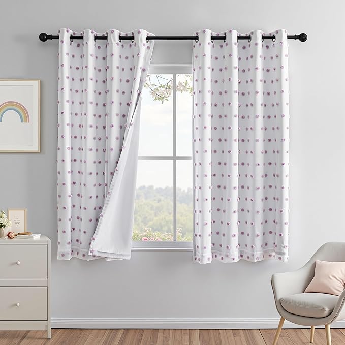 MEETSKY 100% Blackout Curtains for Girls Bedroom 63 Inch Length 2 Panels,Full Light Blocking Purple Pom Pom Curtains for Kids Room,Room Darkening Kitchen Window 2 Layered Drapes 52W x 63L