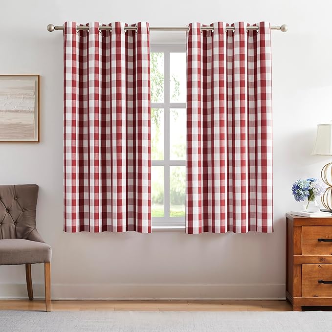 Amzdecor Red White Buffalo Plaid Full Blackout Curtains 63 Inch Long for Bedroom Living Room Farmhouse Check Patterned Drapes Thermal Insulated Soundproof Grommet Window Treatment, 2 Panels, 52"x63"