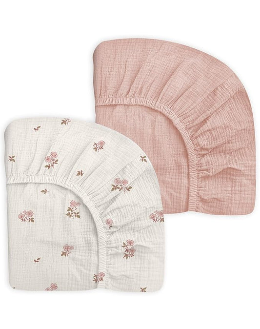 Mini Crib Sheets for Baby Boy Girl 2 Pack, Neutral Mini Crib Mattress Sheet 24" x 38", Muslin Nursery Bedding Soft and Breathable Comfort (Vintage Blossom & Pink)
