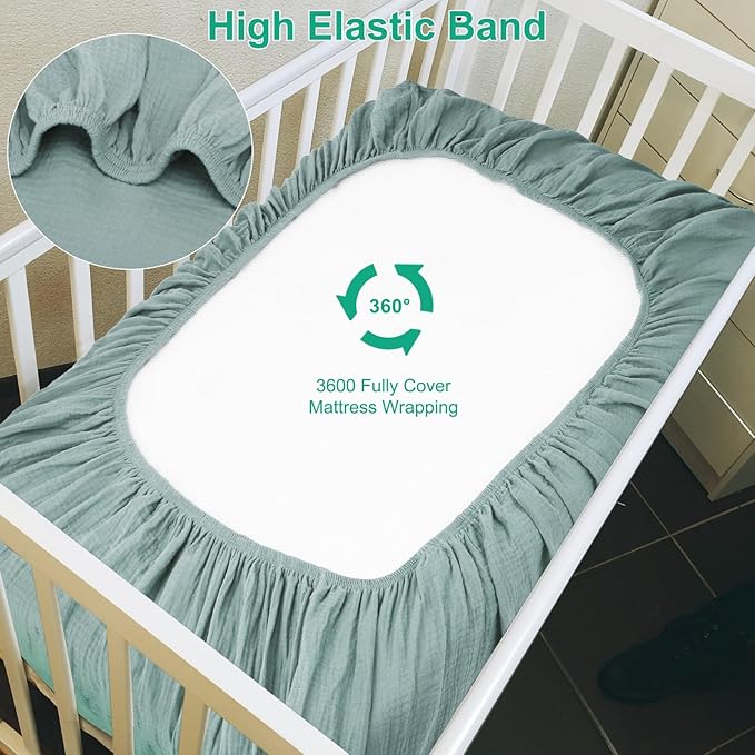 PET REJOIR Muslin Mini Crib Sheets for Girls & Boys-2 Pack 24"x 38" Soft Baby Mattress Sheets Fitted-No Slip Neutral Toddler Cotton Bedding-Boho Nursery Décor Sage Green & Beige