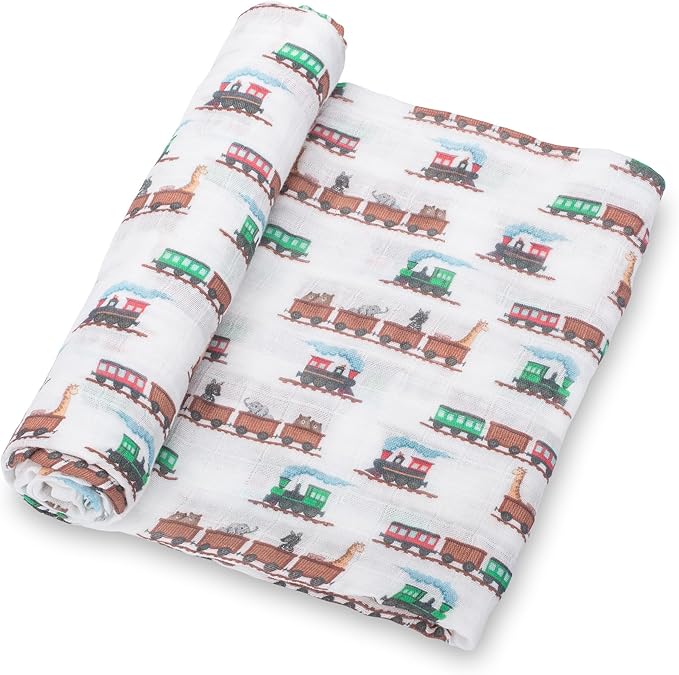 LollyBanks Muslin Swaddle Blankets, 100% Cotton Baby Blanket for Boys and Girls, Soft and Lightweight 47 x 47 Inches Infant Swaddle, Gentle Newborn Blankets, Baby Essentials (Animal Train Print)