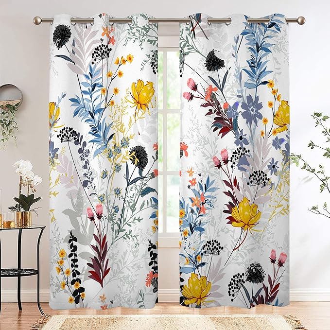 Renaiss Botanical Plants Blackout Curtains, Wild Flowers Plants Print Thermal Insulated Bedroom Window Curtains, Boho Floral Window Drapes for Living Room, 108" L x 53" W 2 Panel Set