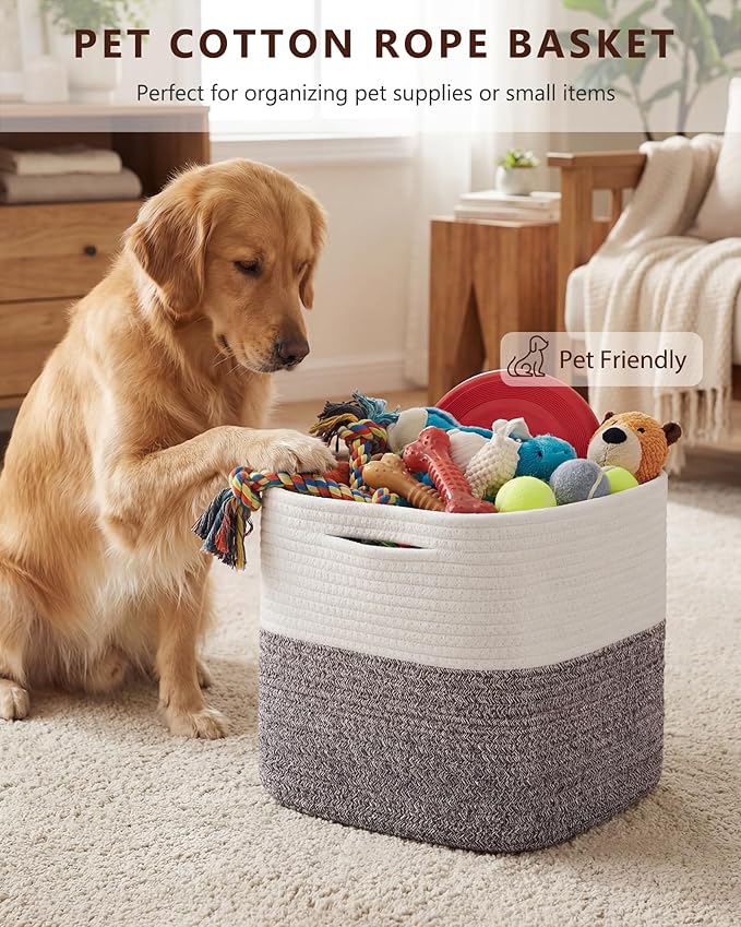 Cube Storage Bin 11" x 10.5" x 10.5" Cotton Rope Basket Square Woven Storage Basket for Shelves, Closet Organizer, Soft Towel Sock Basket, White/Brown, 3 Pack
