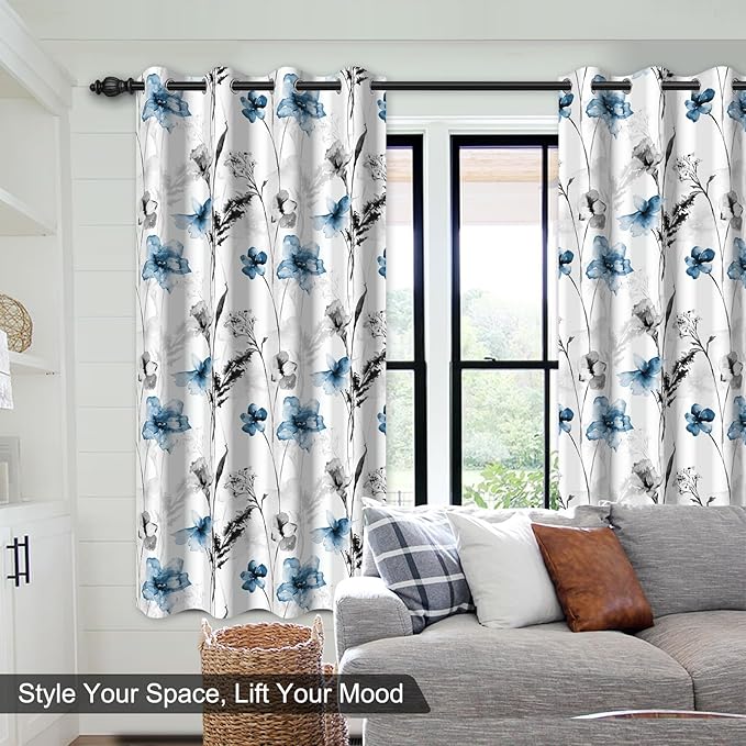 Watercolor Blue Floral Blackout Curtains for Bedroom and Living Room, Grommet Light Filtering Black Out Window Curtains 63 Inch Long 2 Panel Sets, Room Darkening Thermal Curtains for Winter Insulated