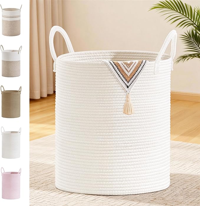 Tall Laundry Basket with Handles, 88L Portable Dirty Clothes Hamper, Boho Cotton Rope Storage Bin for Blankets Kids Toys Gifts, Large Organizer for Baby Nursery Bedroom Bathroom, White