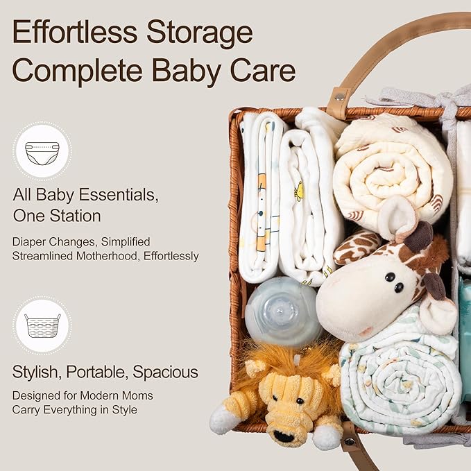 HBlife Large Diaper Caddy Organizer, Washable Waterproof, Portable Plastic Wicker Woven Basket with Divider, Nursery Diaper Station, Baby Shower Gifts Basket & Car Organizer