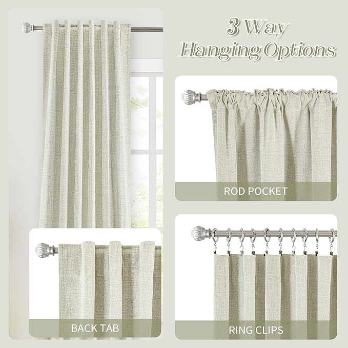 100% Blackout Kitchen Curtains - Back Tab/Rod Pocket Linen Curtain Thermal Insulated Textured Room Darkening for Small Window 2 Panels Set 52Wx45L Natural