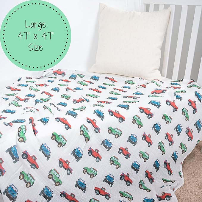 LollyBanks Muslin Swaddle Blankets, 100% Cotton Baby Boy Blanket 47 x 47 Inches, Soft Baby Swaddle Breathable, Muslin Blankets for Boys, Newborn Essentials, Registry (Vehicle Print)