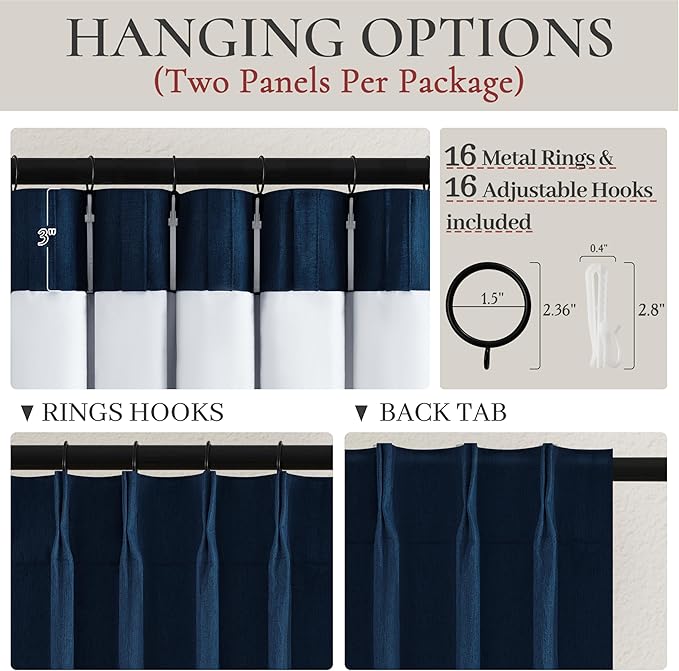 Navy Blue Blackout Curtains 84 Inch Length for Kids/Boys Rooms/Bedroom, Pinch Pleated Drapes with Hooks Viral Linen Thermal Coastal Curtain Dark Blue Window Burg (40" Wx84 Lx 2 Panels)