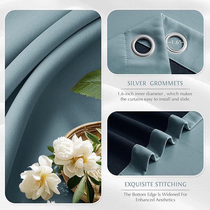 Beauoop Dusty Blue 100% Blackout Curtains 63 Inch Long 2 Panels for Bedroom Living Room Solid Room Darkening Thermal Insulated Soundproof Energy Saving Grommet Top Window Treatment Drapes,52x63 2 Set