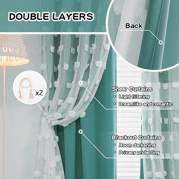 MYSKY HOME 90 Inches Long Teal Curtains for Living Room Nursery Curtains for Bedroom Double Layer Curtains White Pom Pom Sheer Curtains for Dining Room Grommet Room Darkening Window Panels W52 X L90