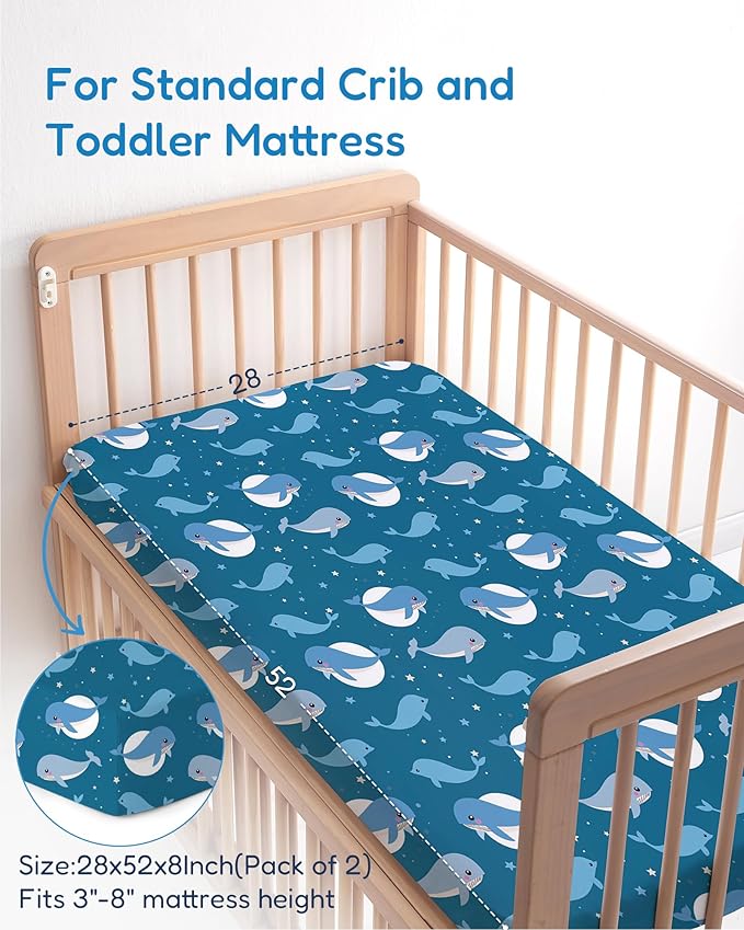 Baby Crib Sheets for Standard Crib Mattress - Navy Whale+Blue, Ultra Soft Jersey Knit, Breathable and Cozy, Fits 28''x52''x9'' Deep Pocket