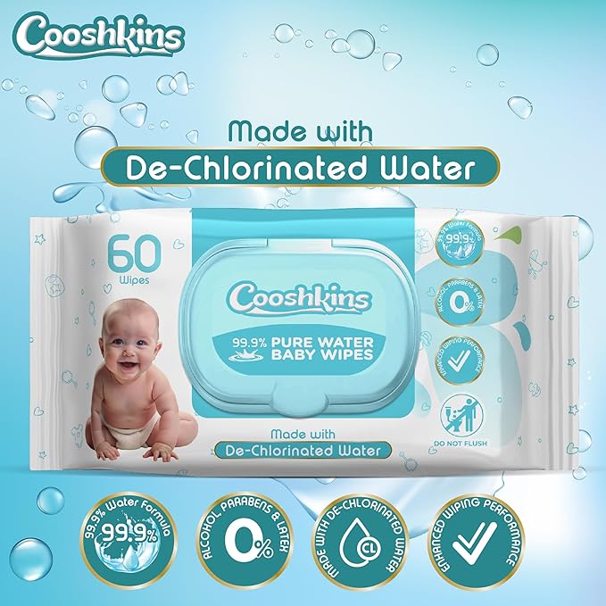 De-Chlorinated Pure Water Baby Wipes | Soft & Thick 60 Count (Pack of 1) Gentle Unscented Wipes for Sensitive Skin | 99.9% Pure Water Based | Alcohol-Free, Paraben-Free