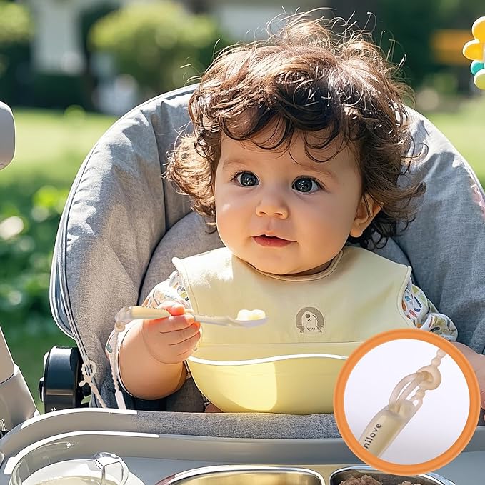 Omnilove Silicone Baby Spoons 2-Pack with Case, New Born Self Feeding Toddler Spoon, Baby Led Weaning Supplies, Toddler Utensils with Safety Chain, Baby Eating Essentials, Dishwasher Safe