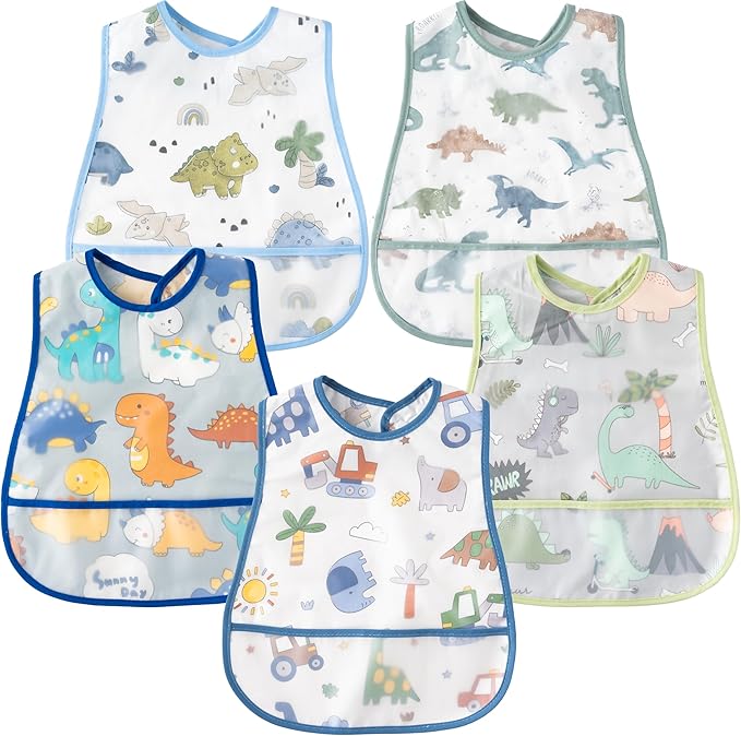 R HORSE 5Pcs Baby Bibs Set Toddler Bibs with Crumb Catcher Pocket & Snap Button Waterproof Baby Feeding Bibs for 6-24 Months