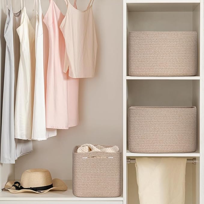 Woven Storage Baskets, Brown Baskets for Organizing, 3 Pack Woven Basket for Storage, Storage Baskets for Shelf, Towel, Toy, Book, Closet, Baby 15"×10"×9"